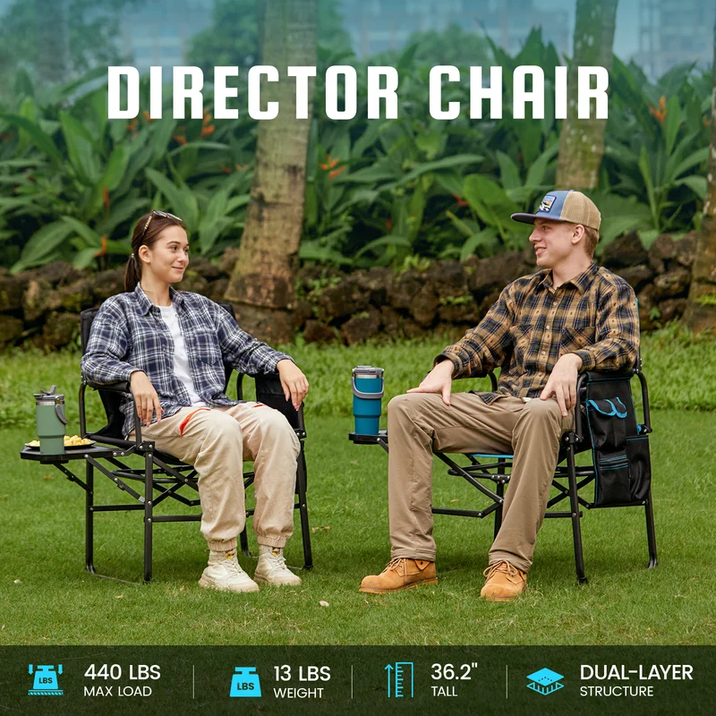 FUNDANGO FoldPro Refine L Director Chair with Side Table | Heavy Duty 440lb Capacity Camping Chair