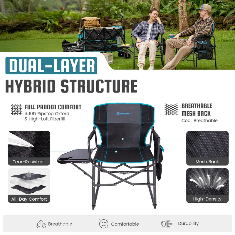 FUNDANGO FoldPro Refine L Director Chair with Side Table | Heavy Duty 440lb Capacity Camping Chair