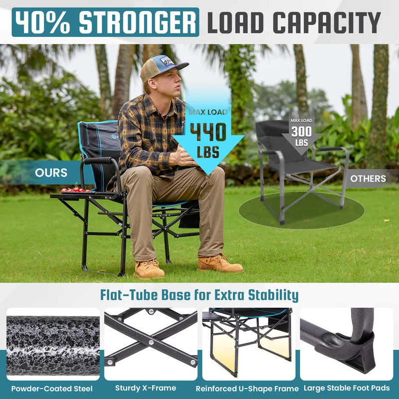 FUNDANGO FoldPro Refine L Director Chair with Side Table | Heavy Duty 440lb Capacity Camping Chair