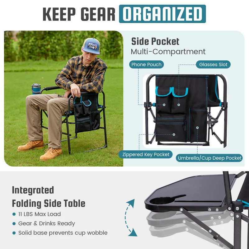 FUNDANGO FoldPro Refine L Director Chair with Side Table | Heavy Duty 440lb Capacity Camping Chair