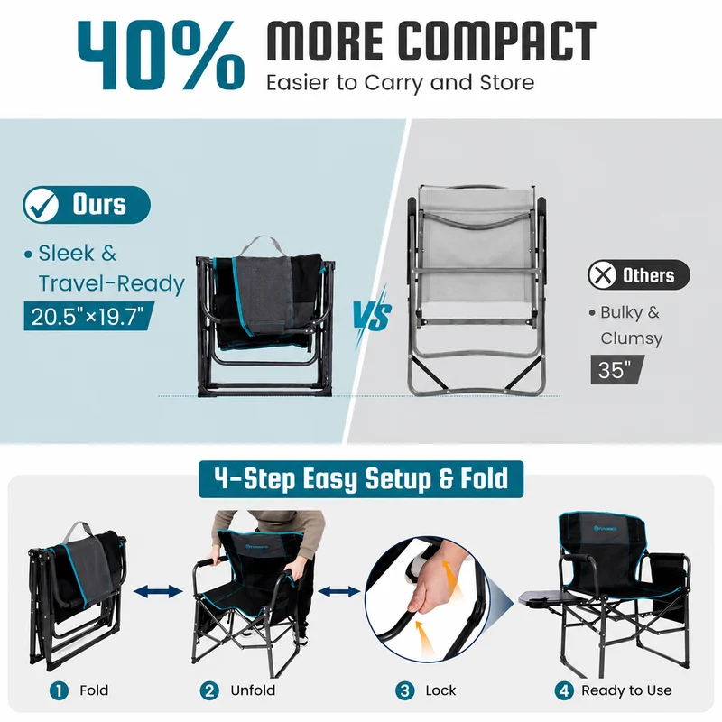 FUNDANGO FoldPro Refine L Director Chair with Side Table | Heavy Duty 440lb Capacity Camping Chair