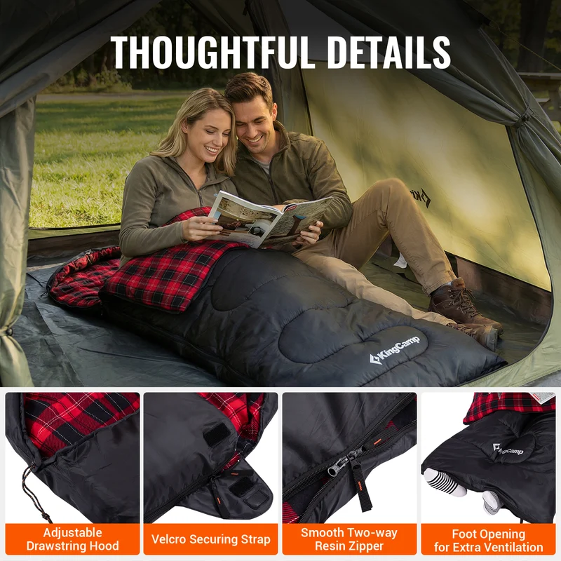 KingCamp Oasis C 450 Sleeping Bag | 3-Season Cotton Flannel-Lined Bag, 36°F Comfort Rating, Rectangular Envelope Design for Adults