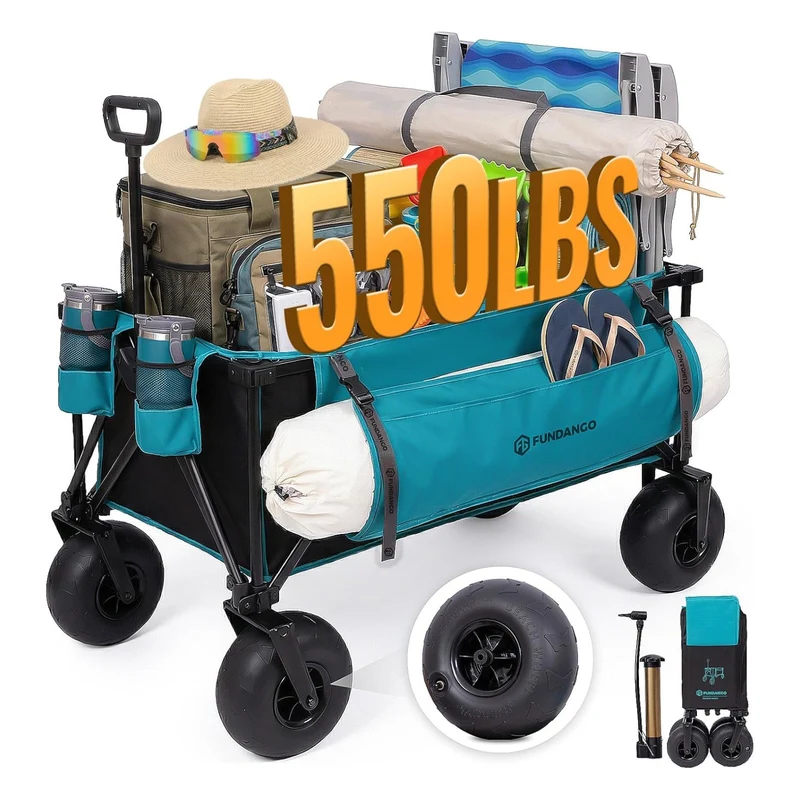 FUNDANGO WaveTrek L9 Large Beach Wagon with Big Balloon Wheels | 550lb Capacity 300L Heavy Duty All-Terrain Cart with Air Pump