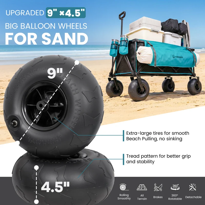 FUNDANGO WaveTrek L9 Large Beach Wagon with Big Balloon Wheels | 550lb Capacity 300L Heavy Duty All-Terrain Cart with Air Pump