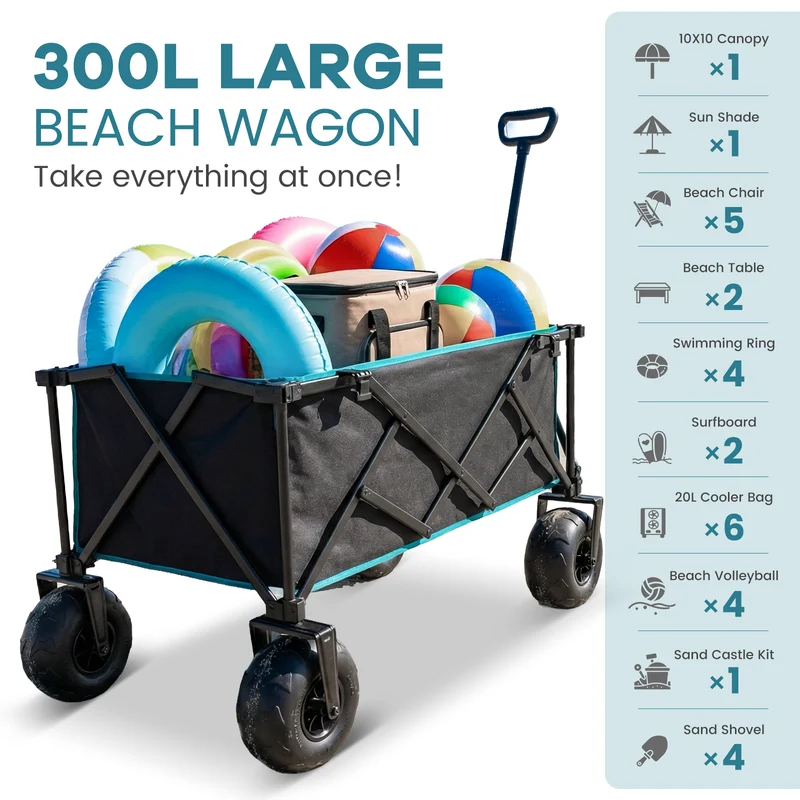 FUNDANGO WaveTrek L9 Large Beach Wagon with Big Balloon Wheels | 550lb Capacity 300L Heavy Duty All-Terrain Cart with Air Pump