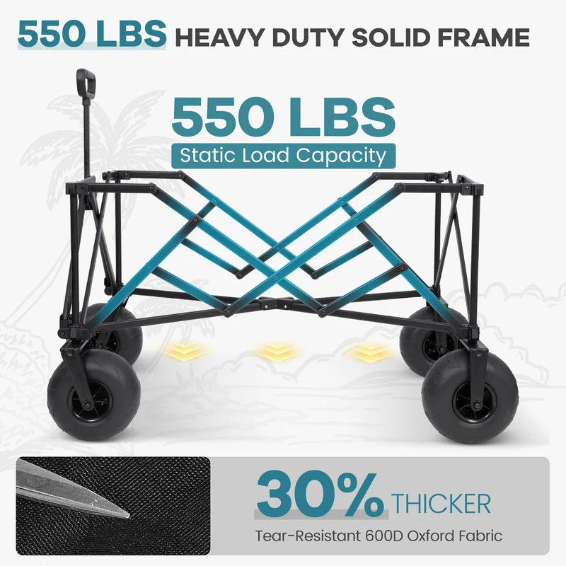 FUNDANGO WaveTrek L9 Large Beach Wagon with Big Balloon Wheels | 550lb Capacity 300L Heavy Duty All-Terrain Cart with Air Pump