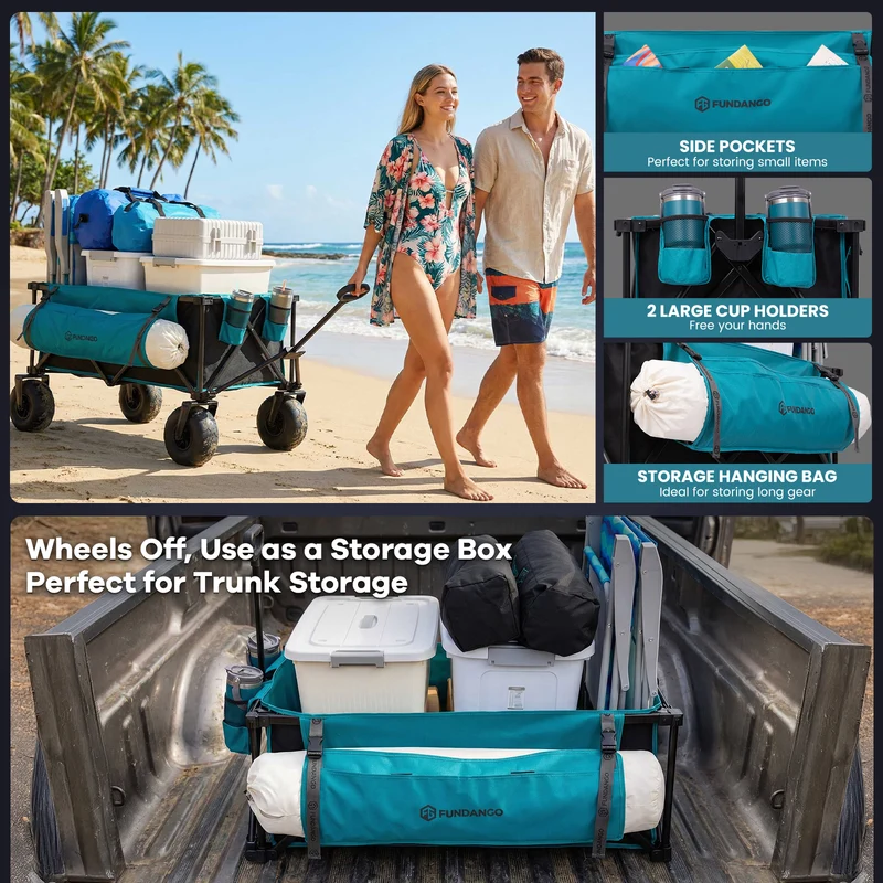 FUNDANGO WaveTrek L9 Large Beach Wagon with Big Balloon Wheels | 550lb Capacity 300L Heavy Duty All-Terrain Cart with Air Pump