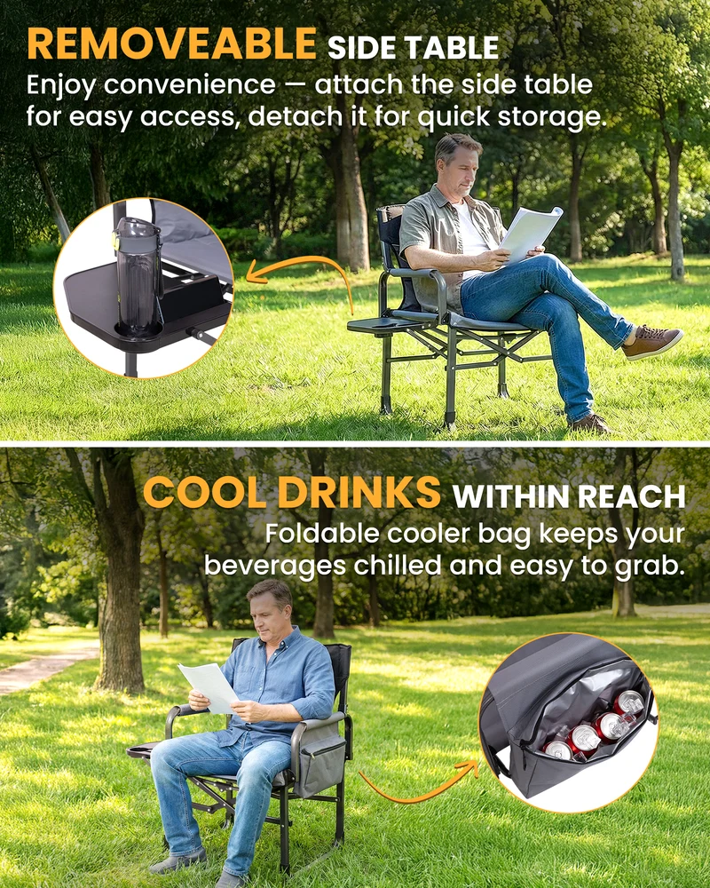 KingCamp ASH C10 XXL Heavy Duty Director's Chair | 550lb Capacity Oversized Camping Chair with Side Table & Cooler Bag Extra Wide Padded Folding Chair