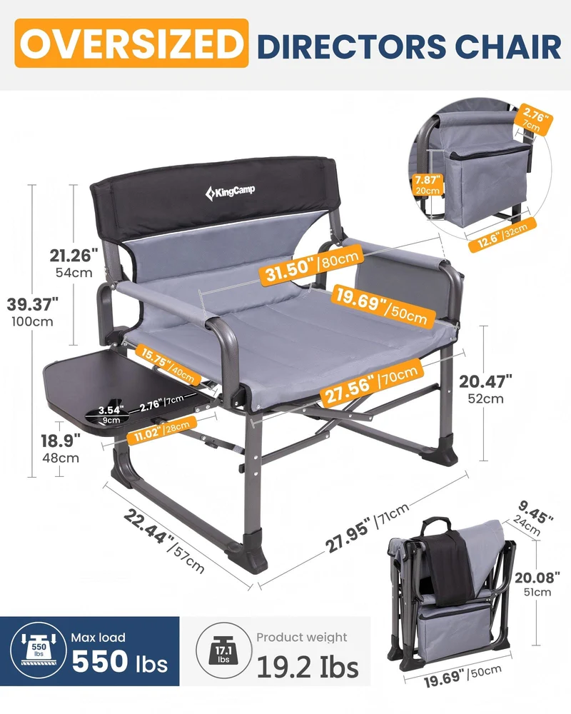 KingCamp ASH C10 XXL Heavy Duty Director's Chair | 550lb Capacity Oversized Camping Chair with Side Table & Cooler Bag Extra Wide Padded Folding Chair