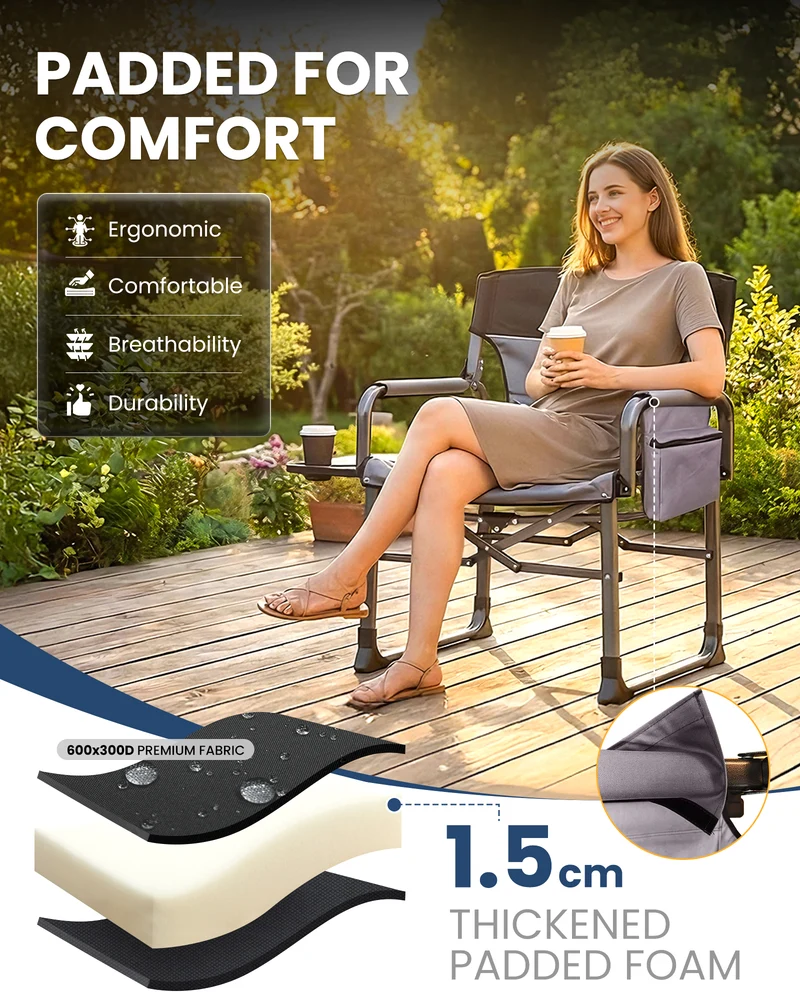 KingCamp ASH C10 XXL Heavy Duty Director's Chair | 550lb Capacity Oversized Camping Chair with Side Table & Cooler Bag Extra Wide Padded Folding Chair
