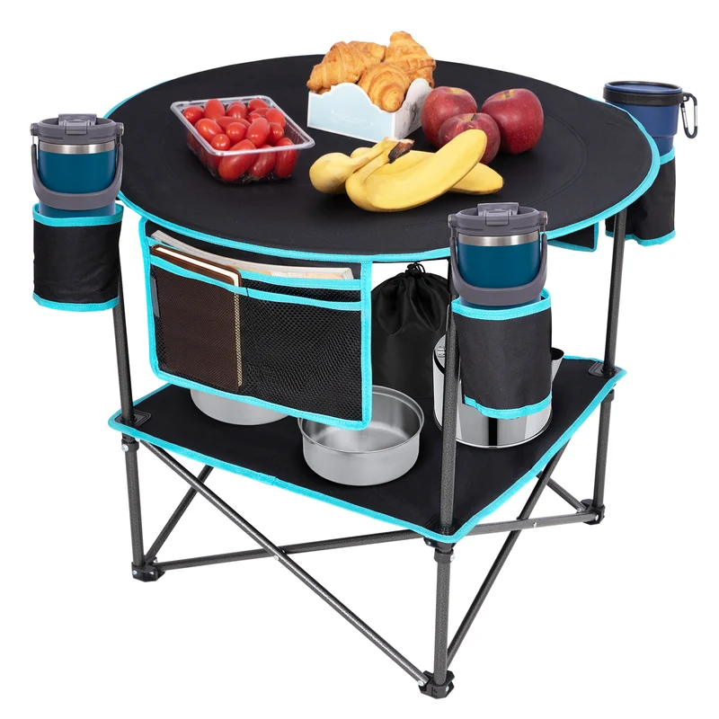 FUNDANGO EasyCamp D70 Double-Deck Tailgate Table | Portable Round Camping Table with Cup Holders & Side Pockets