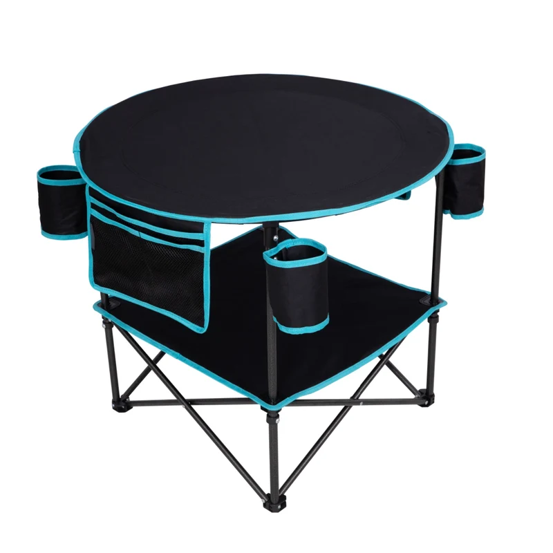 FUNDANGO EasyCamp D70 Double-Deck Tailgate Table | Portable Round Camping Table with Cup Holders & Side Pockets
