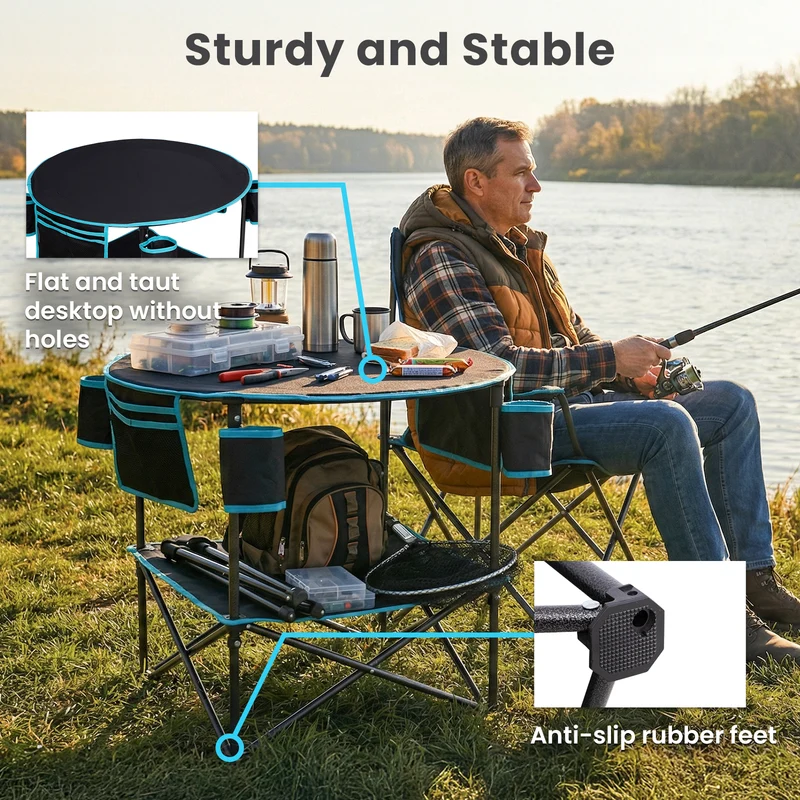 FUNDANGO EasyCamp D70 Double-Deck Tailgate Table | Portable Round Camping Table with Cup Holders & Side Pockets