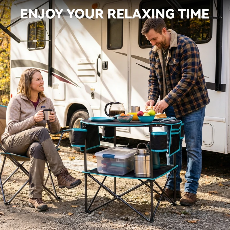 FUNDANGO EasyCamp D70 Double-Deck Tailgate Table | Portable Round Camping Table with Cup Holders & Side Pockets
