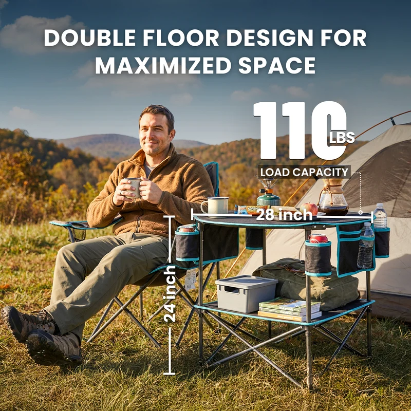 FUNDANGO EasyCamp D70 Double-Deck Tailgate Table | Portable Round Camping Table with Cup Holders & Side Pockets