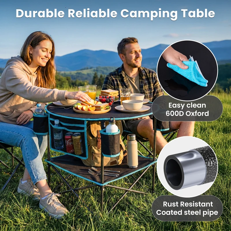 FUNDANGO EasyCamp D70 Double-Deck Tailgate Table | Portable Round Camping Table with Cup Holders & Side Pockets