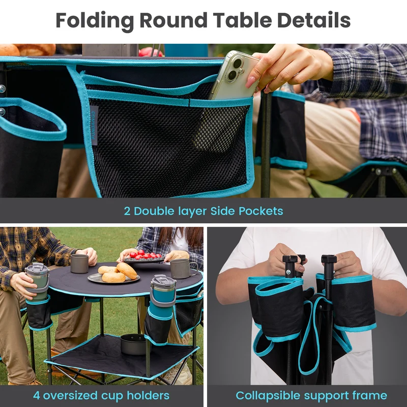 FUNDANGO EasyCamp D70 Double-Deck Tailgate Table | Portable Round Camping Table with Cup Holders & Side Pockets