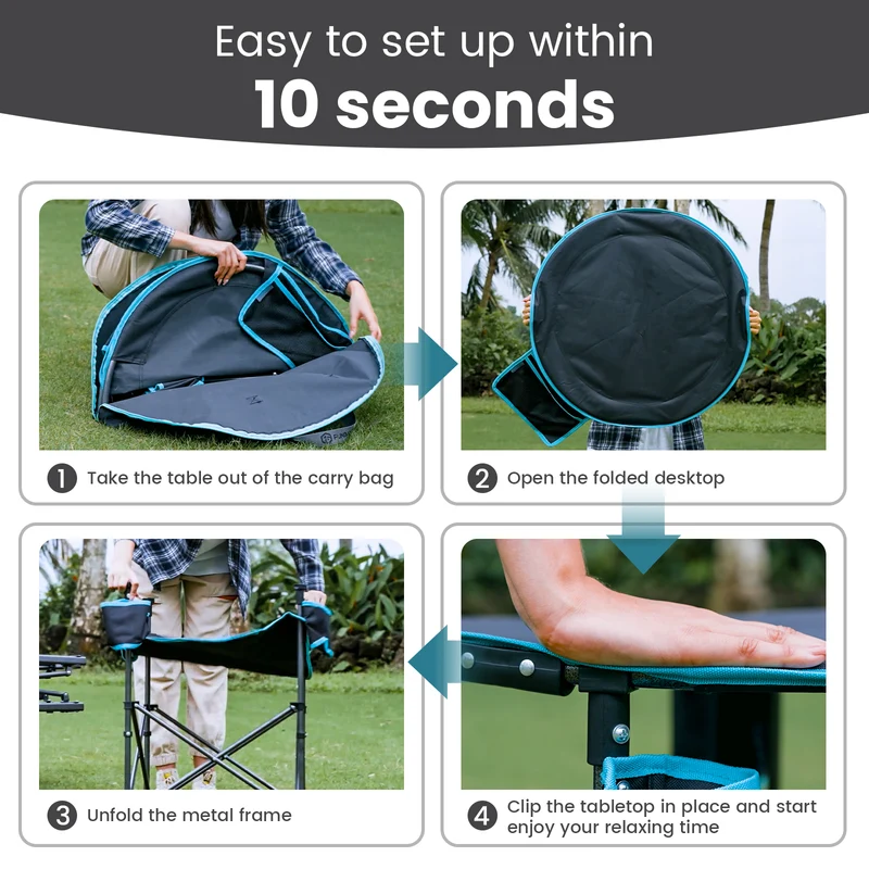 FUNDANGO EasyCamp D70 Double-Deck Tailgate Table | Portable Round Camping Table with Cup Holders & Side Pockets