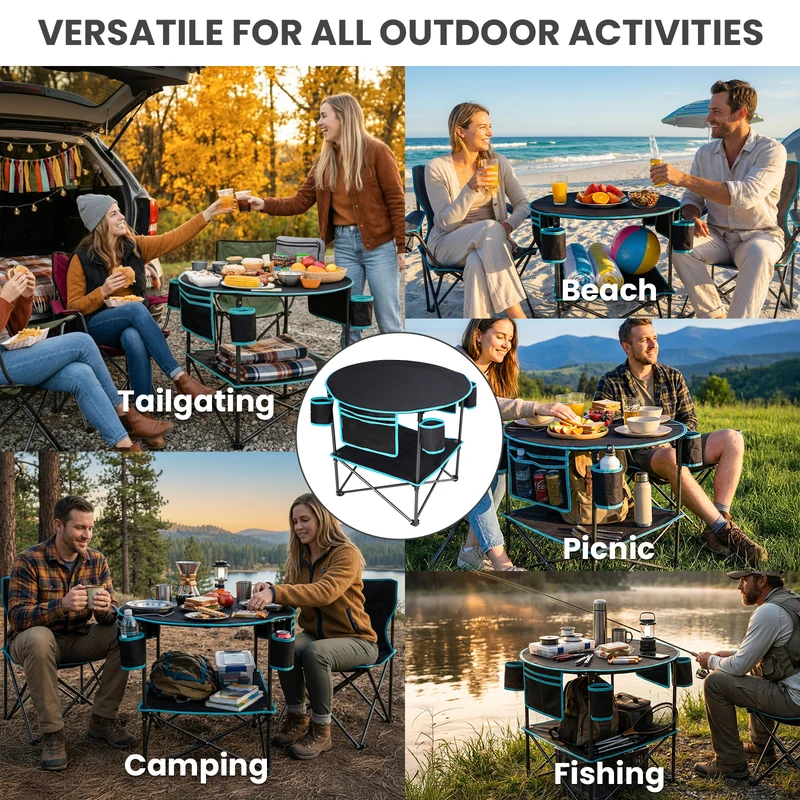 FUNDANGO EasyCamp D70 Double-Deck Tailgate Table | Portable Round Camping Table with Cup Holders & Side Pockets