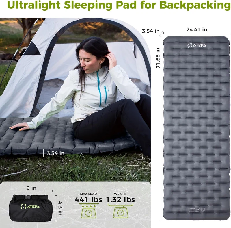 ATEPA CoreX 5 Insulated Sleeping Pad | R-Value 5, Ultralight Backpacking Mat with Pump Sack, 3.54" Thick for 4-Season Camping