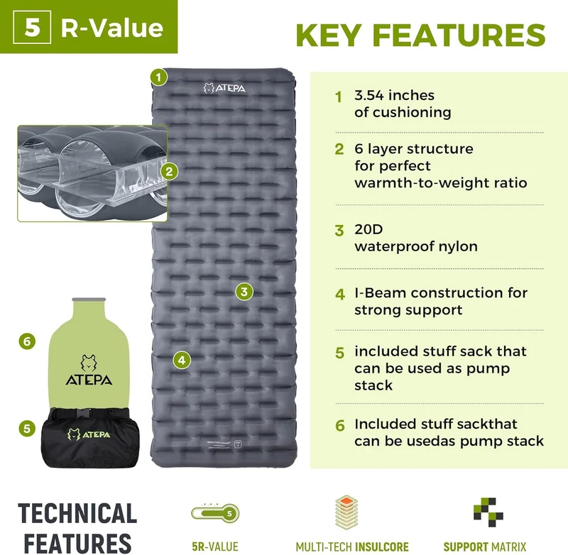 ATEPA CoreX 5 Insulated Sleeping Pad | R-Value 5, Ultralight Backpacking Mat with Pump Sack, 3.54" Thick for 4-Season Camping