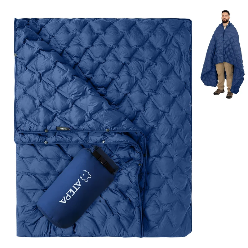 ATEPA Wearable Camping Blanket | 665FP Recycled Poncho Blanket for Outdoor, Stadium, Travel – Water-Resistant, Seamless Quilt, 78.7" x 57"