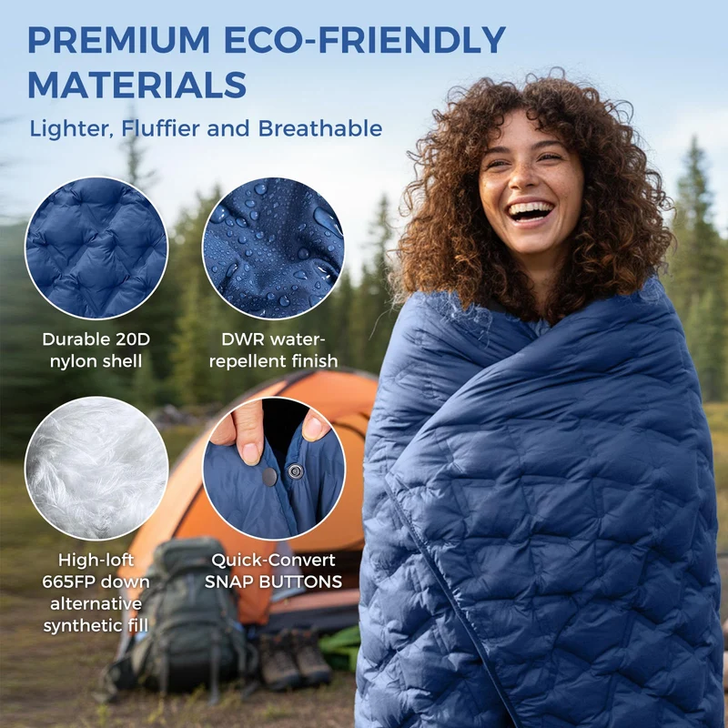 ATEPA Wearable Camping Blanket | 665FP Recycled Poncho Blanket for Outdoor, Stadium, Travel – Water-Resistant, Seamless Quilt, 78.7" x 57"