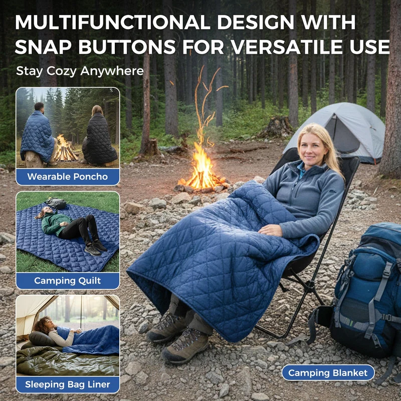 ATEPA Wearable Camping Blanket | 665FP Recycled Poncho Blanket for Outdoor, Stadium, Travel – Water-Resistant, Seamless Quilt, 78.7" x 57"