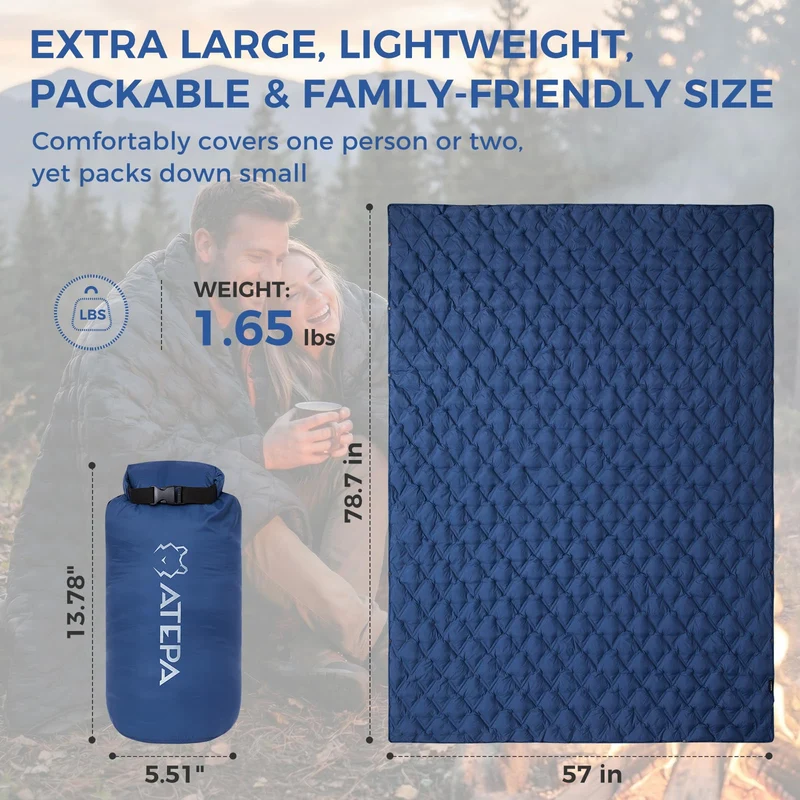 ATEPA Wearable Camping Blanket | 665FP Recycled Poncho Blanket for Outdoor, Stadium, Travel – Water-Resistant, Seamless Quilt, 78.7" x 57"