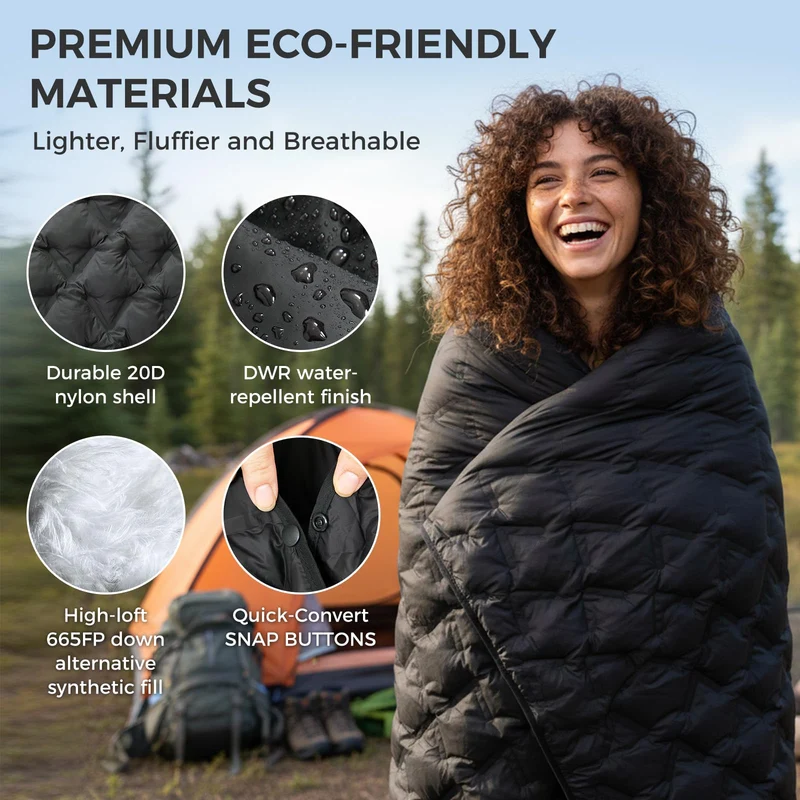 ATEPA Wearable Camping Blanket | 665FP Recycled Poncho Blanket for Outdoor, Stadium, Travel – Water-Resistant, Seamless Quilt, 78.7" x 57"