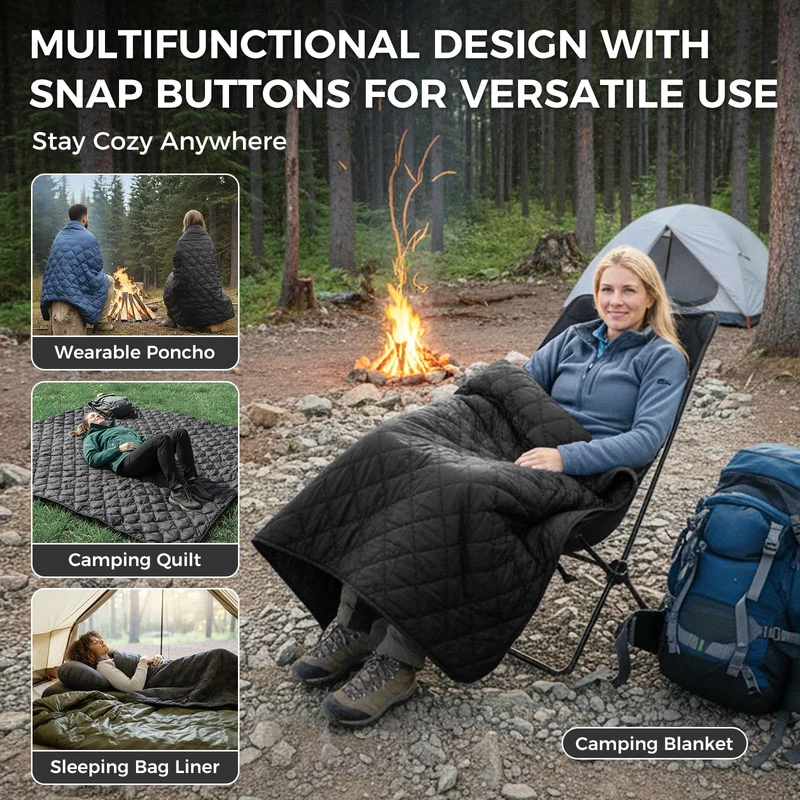ATEPA Wearable Camping Blanket | 665FP Recycled Poncho Blanket for Outdoor, Stadium, Travel – Water-Resistant, Seamless Quilt, 78.7" x 57"