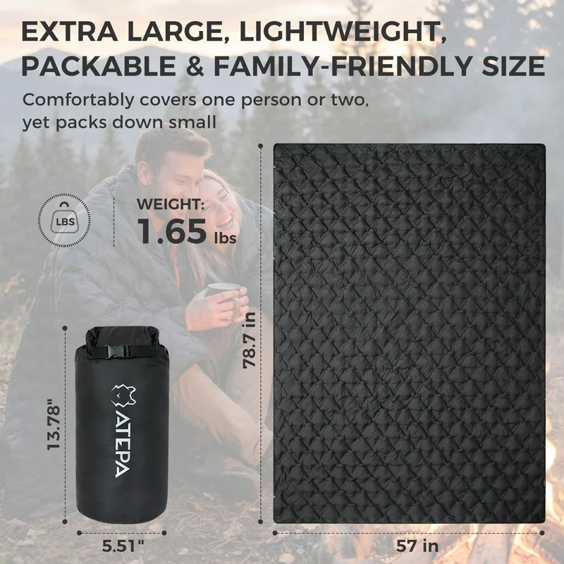 ATEPA Wearable Camping Blanket | 665FP Recycled Poncho Blanket for Outdoor, Stadium, Travel – Water-Resistant, Seamless Quilt, 78.7" x 57"
