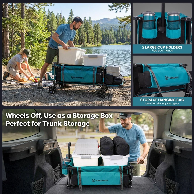 FUNDANGO Heavy Duty Collapsible Folding Wagon with Brakes & Tailgate | 220L Capacity, 400lb All-Terrain Utility Cart for Garden, Shopping & Events