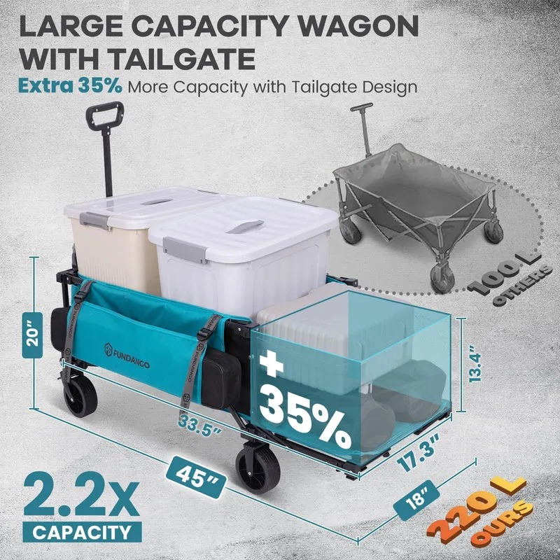 FUNDANGO Heavy Duty Collapsible Folding Wagon with Brakes & Tailgate | 220L Capacity, 400lb All-Terrain Utility Cart for Garden, Shopping & Events
