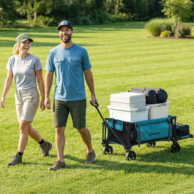 FUNDANGO Heavy Duty Collapsible Folding Wagon with Brakes & Tailgate | 220L Capacity, 400lb All-Terrain Utility Cart for Garden, Shopping & Events