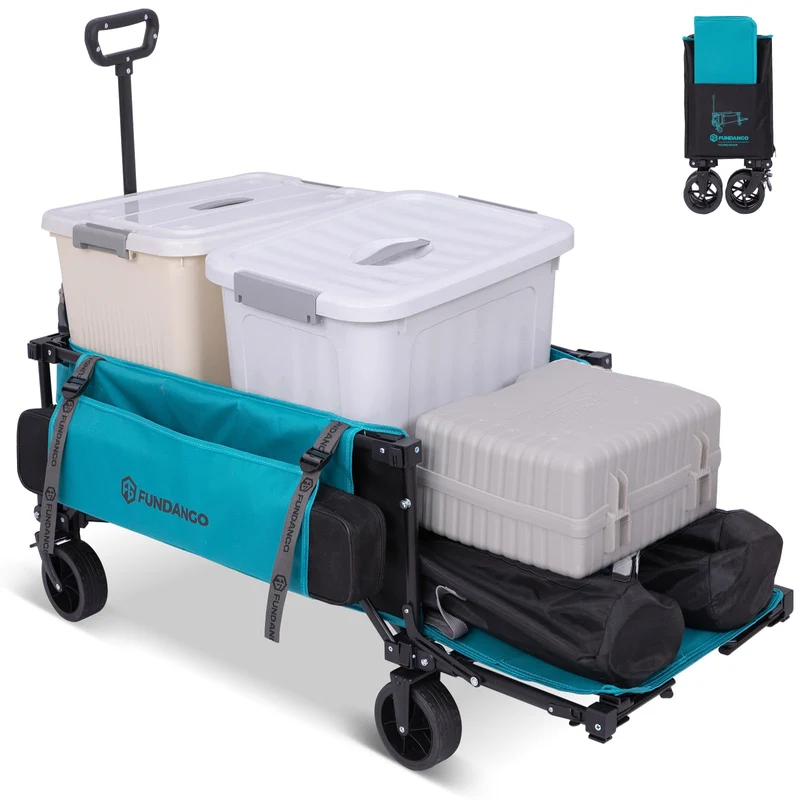 FUNDANGO Heavy Duty Collapsible Folding Wagon with Brakes & Tailgate | 220L Capacity, 400lb All-Terrain Utility Cart for Garden, Shopping & Events
