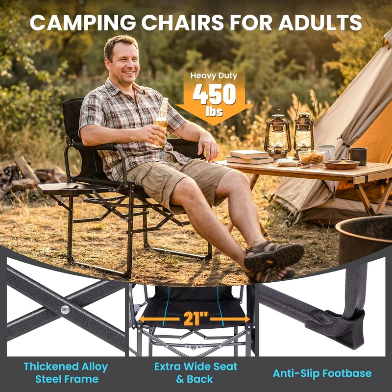 FUNDANGO Oversized Director's Chair with Side Table - Fully Padded, Portable Camping Chair for Adults, Outdoor, Picnic, Concert, Backyard