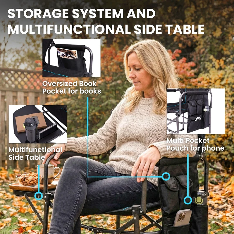 FUNDANGO Oversized Director's Chair with Side Table - Fully Padded, Portable Camping Chair for Adults, Outdoor, Picnic, Concert, Backyard