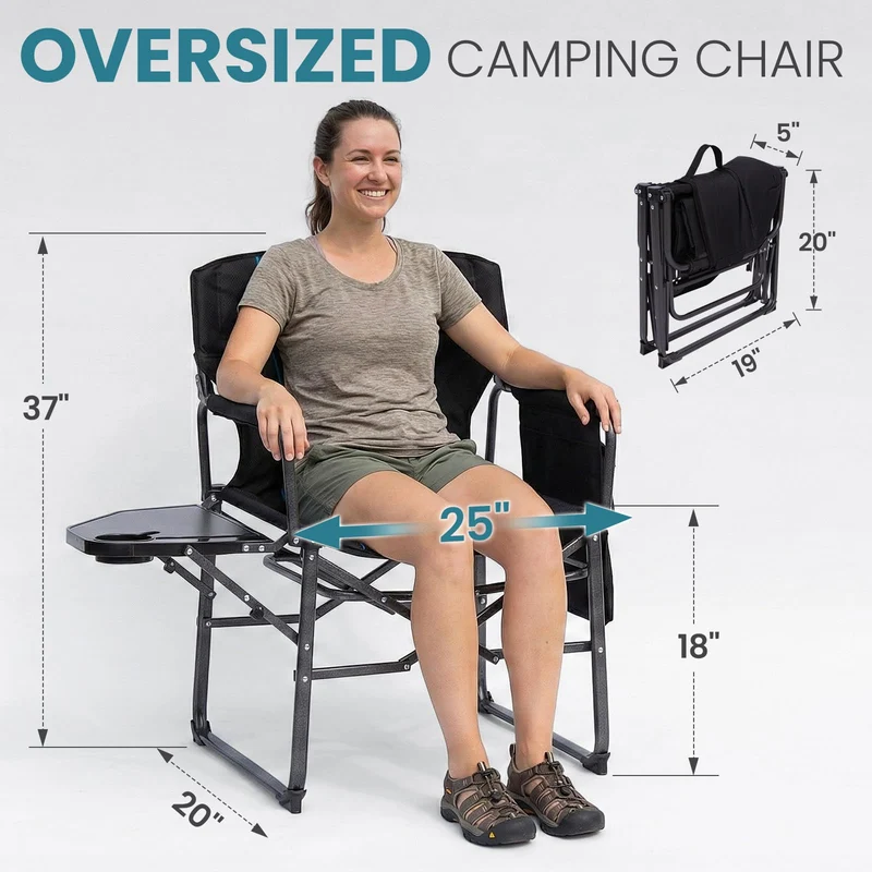 FUNDANGO Oversized Director's Chair with Side Table - Fully Padded, Portable Camping Chair for Adults, Outdoor, Picnic, Concert, Backyard