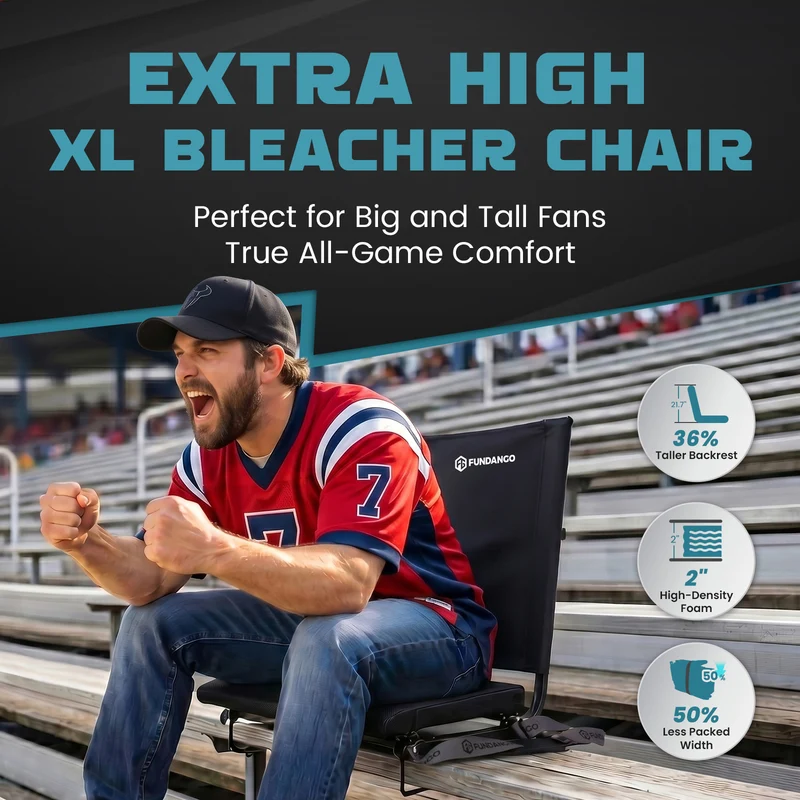 FUNDANGO Extra Wide Stadium Seat with Back Support - Portable Folding Bleacher Chair for Football, Baseball, Concerts & Outdoor Events