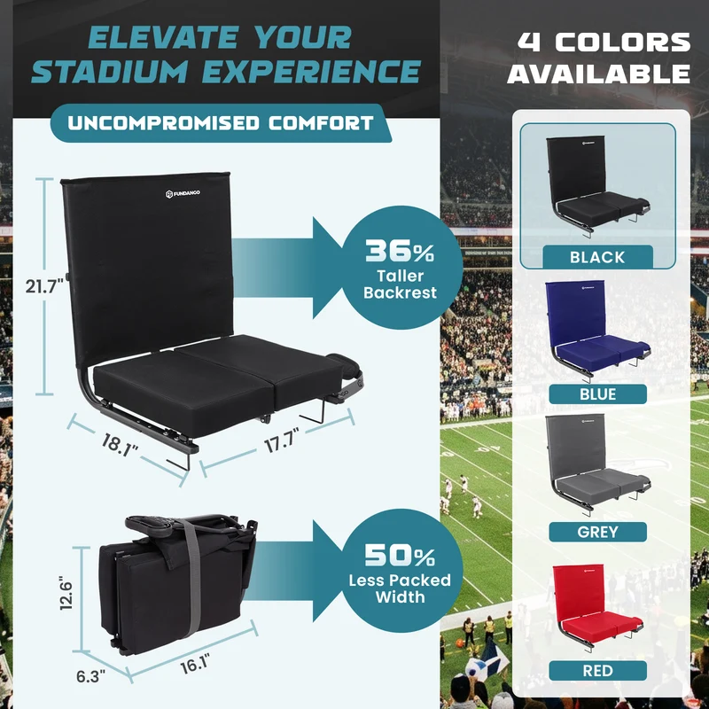 FUNDANGO Extra Wide Stadium Seat with Back Support - Portable Folding Bleacher Chair for Football, Baseball, Concerts & Outdoor Events