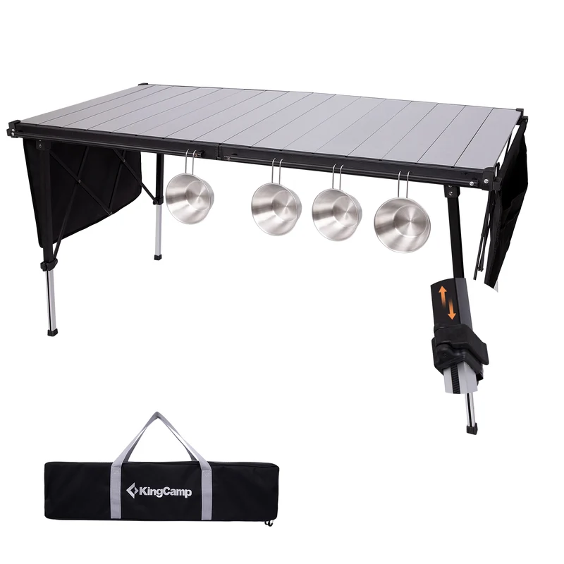 KingCamp GRANITE C14070 Folding Camping Table | 55-Inch Extra Long Roll-Top Table for 6-8 People, Heavy Duty Adjustable Height & Side Pockets