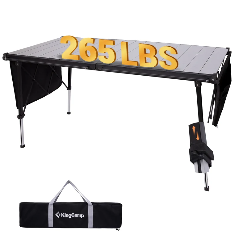 KingCamp GRANITE C14070 Folding Camping Table | 55-Inch Extra Long Roll-Top Table for 6-8 People, Heavy Duty Adjustable Height & Side Pockets