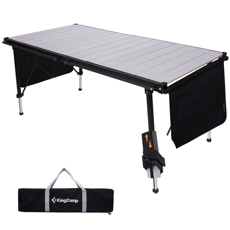 KingCamp GRANITE C14070 Folding Camping Table | 55-Inch Extra Long Roll-Top Table for 6-8 People, Heavy Duty Adjustable Height & Side Pockets
