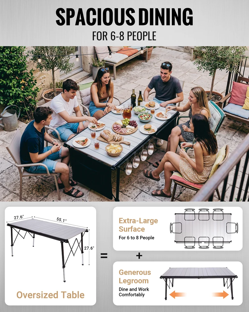 KingCamp GRANITE C14070 Folding Camping Table | 55-Inch Extra Long Roll-Top Table for 6-8 People, Heavy Duty Adjustable Height & Side Pockets