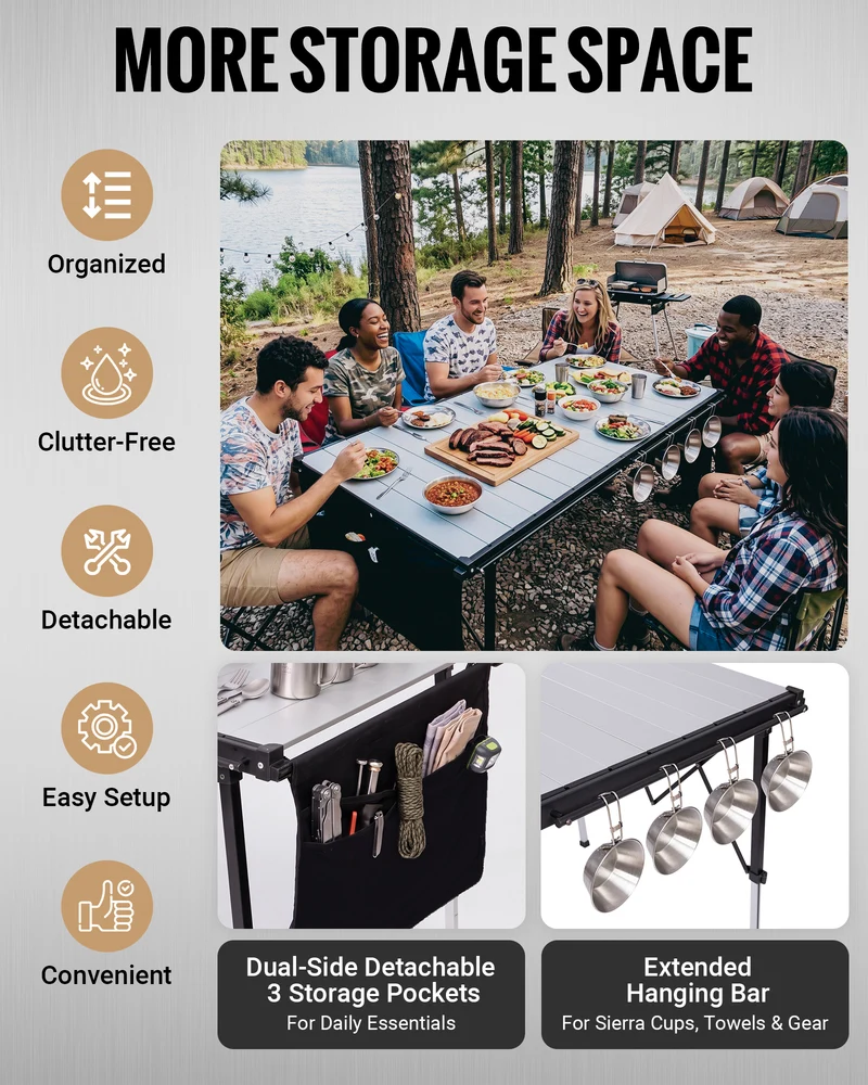 KingCamp GRANITE C14070 Folding Camping Table | 55-Inch Extra Long Roll-Top Table for 6-8 People, Heavy Duty Adjustable Height & Side Pockets