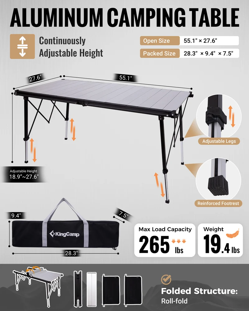 KingCamp GRANITE C14070 Folding Camping Table | 55-Inch Extra Long Roll-Top Table for 6-8 People, Heavy Duty Adjustable Height & Side Pockets