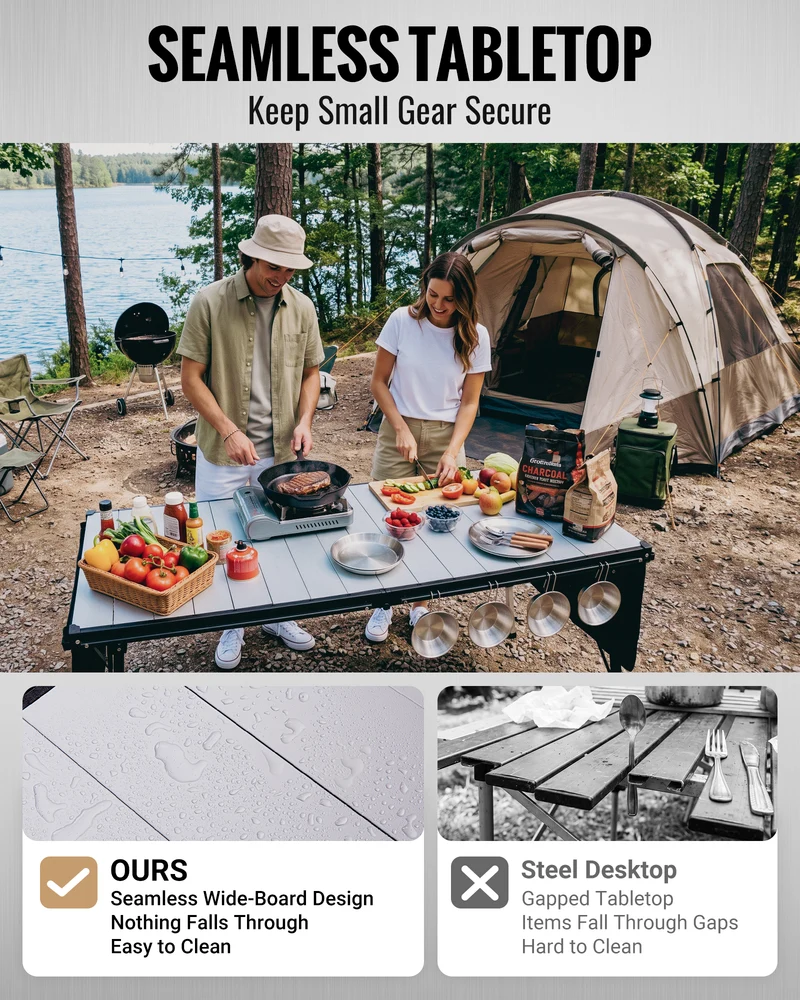KingCamp GRANITE C14070 Folding Camping Table | 55-Inch Extra Long Roll-Top Table for 6-8 People, Heavy Duty Adjustable Height & Side Pockets