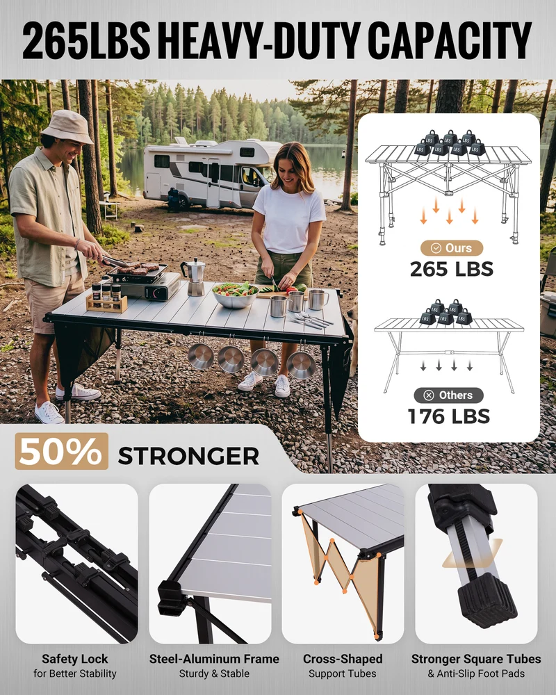 KingCamp GRANITE C14070 Folding Camping Table | 55-Inch Extra Long Roll-Top Table for 6-8 People, Heavy Duty Adjustable Height & Side Pockets