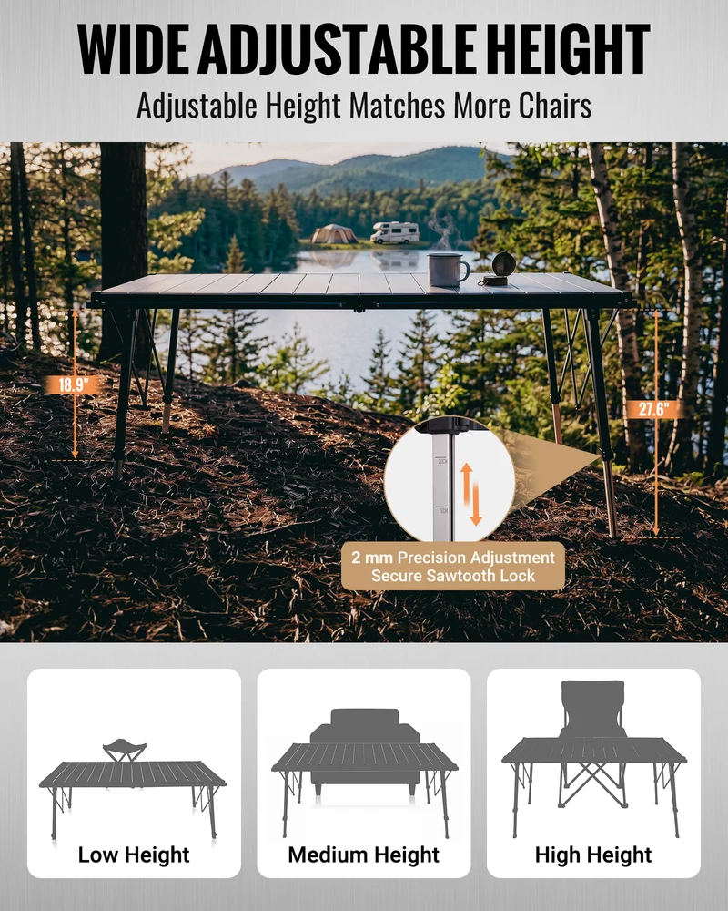 KingCamp GRANITE C14070 Folding Camping Table | 55-Inch Extra Long Roll-Top Table for 6-8 People, Heavy Duty Adjustable Height & Side Pockets